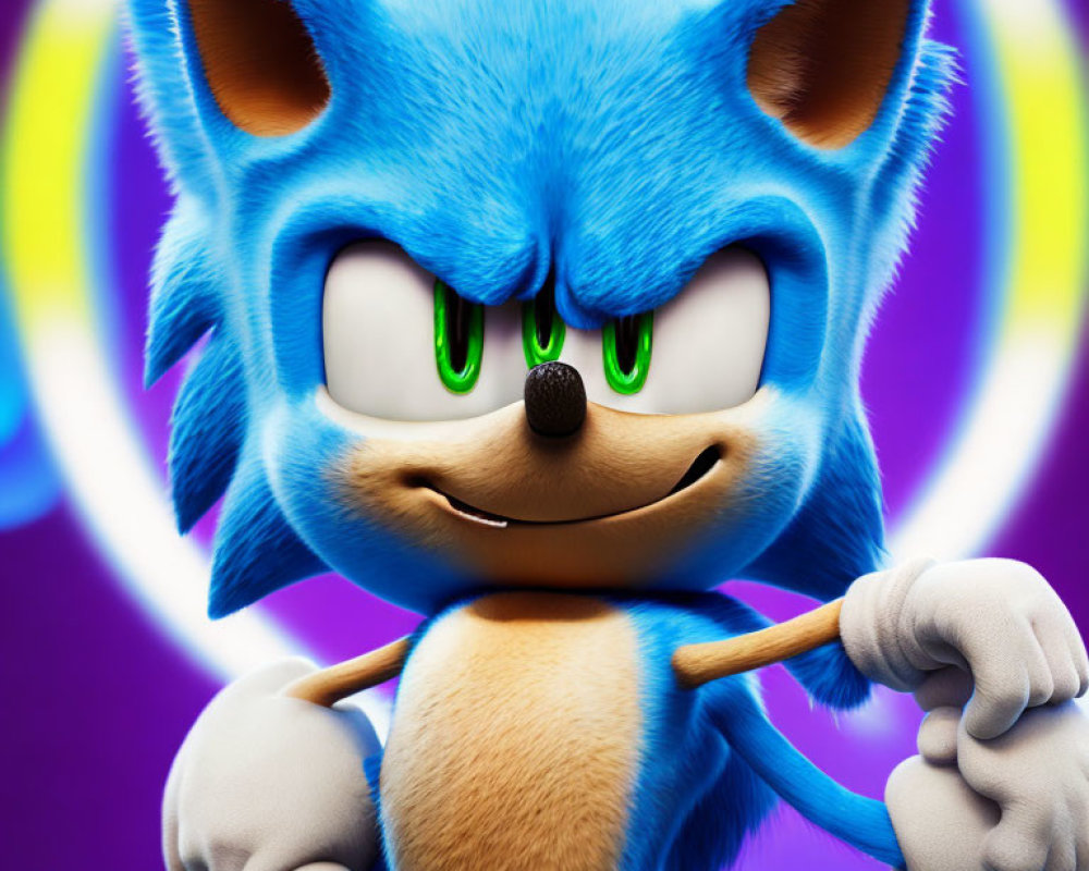 Detailed 3D animated blue hedgehog with green eyes and golden ring.