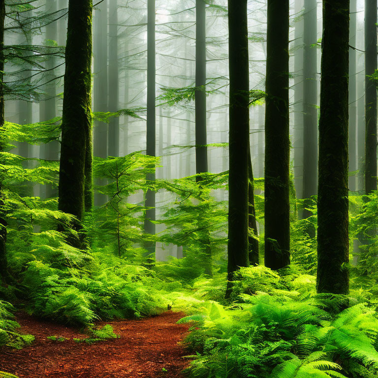 Lush Ferns in Verdant Forest with Towering Trees