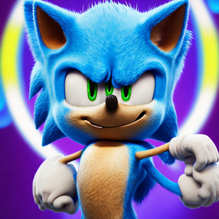 Detailed 3D animated blue hedgehog with green eyes and golden ring.