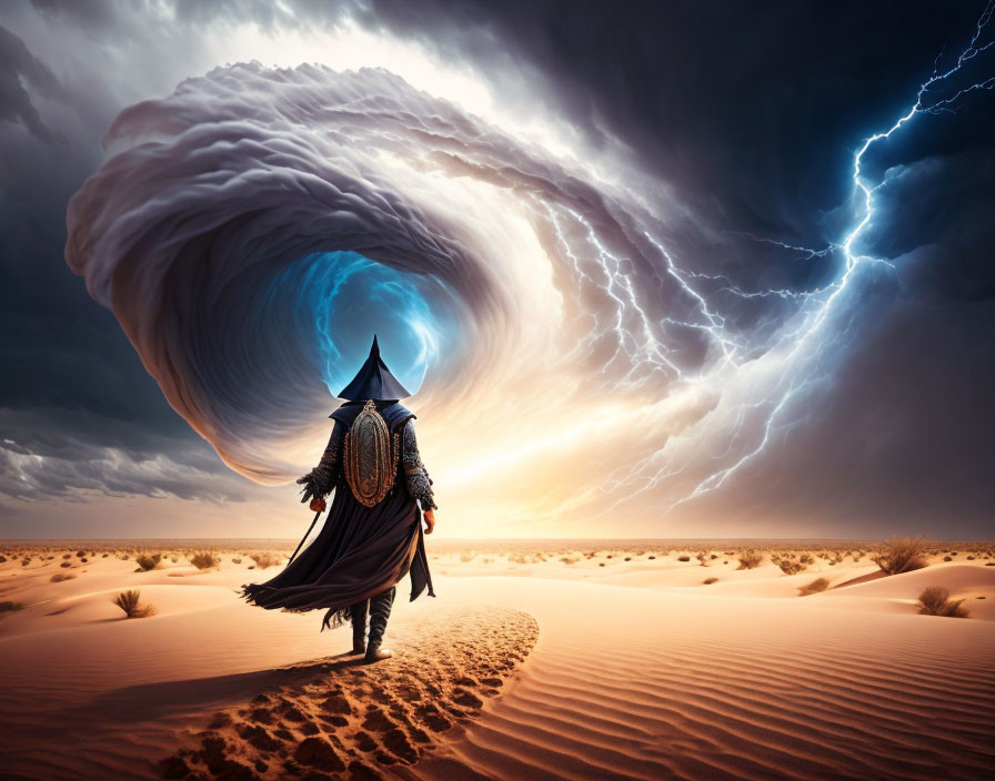 Mysterious cloaked figure in desert with swirling vortex and lightning