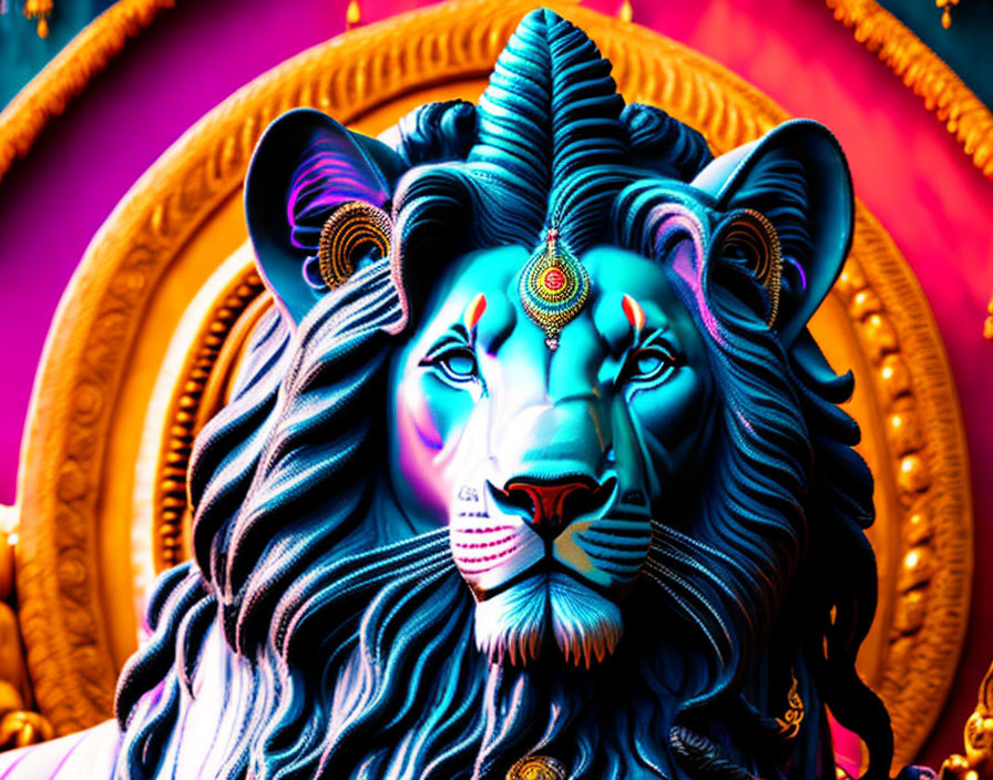 Colorful Lion Sculpture with Blue Fur and Indian Adornments on Pink and Gold Background