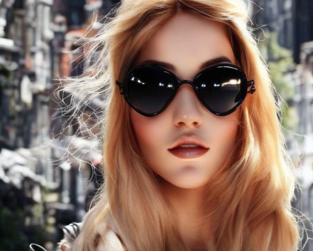 Blonde woman in black sunglasses and fur coat in urban setting