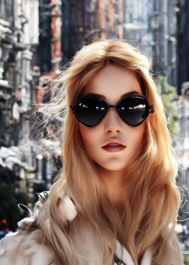 Blonde woman in black sunglasses and fur coat in urban setting