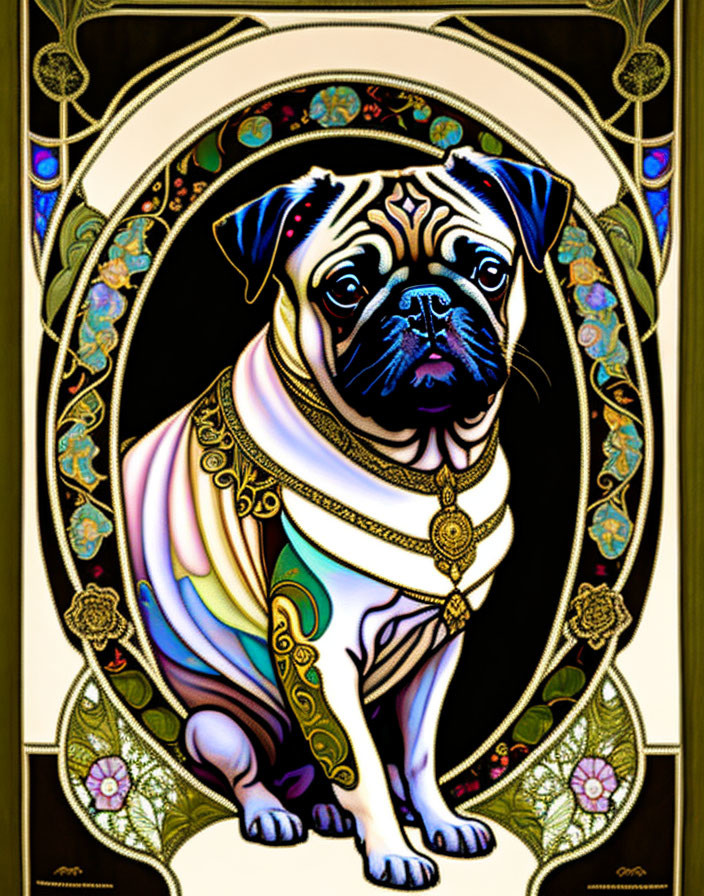 Stylized illustration of pug in luxurious garments with Art Nouveau and floral motifs