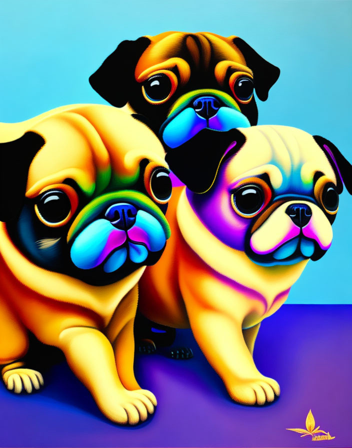 Colorful Stylized Pugs on Gradient Blue Background