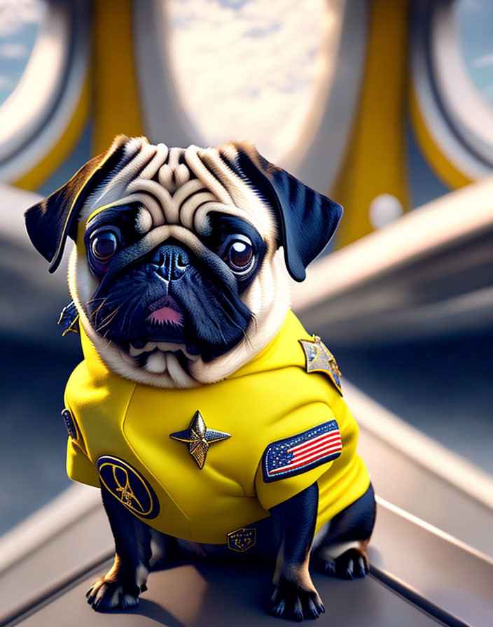 Digital illustration: Pug in Starfleet uniform with Star Trek insignia in futuristic spaceship corridor