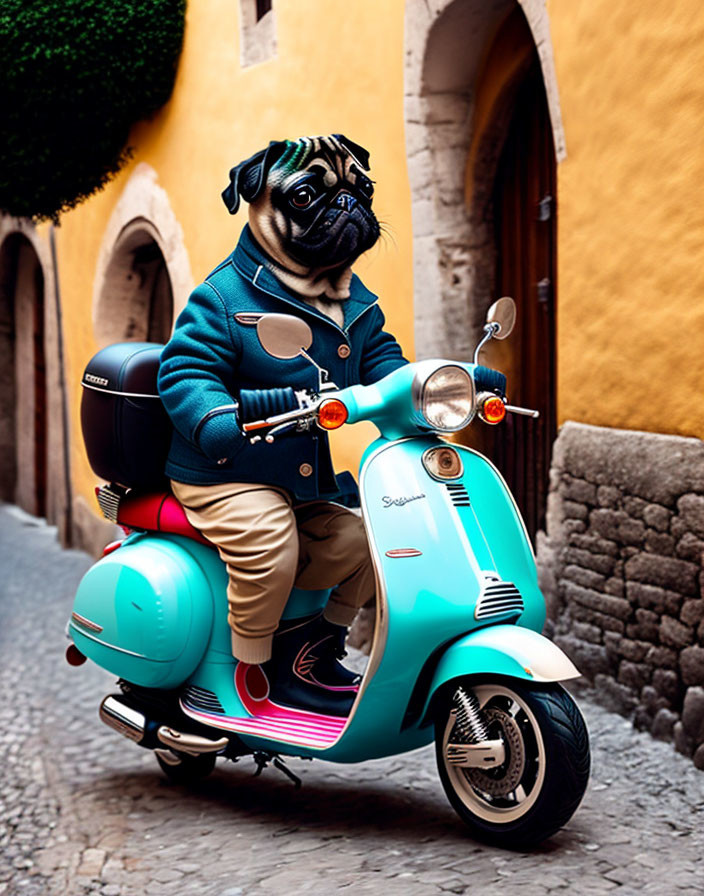 Pug dog in blue jacket and beige pants on teal scooter in narrow alleyway