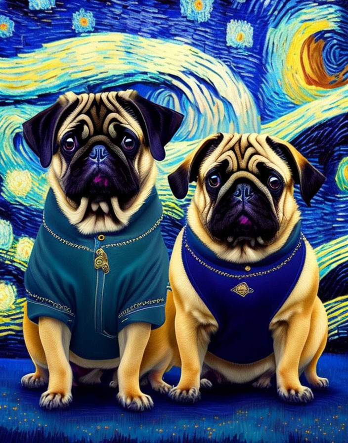 Two pugs in colorful outfits on vibrant starry night.