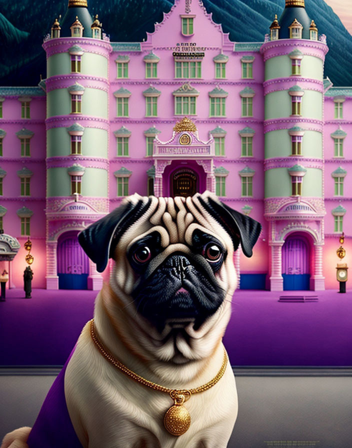 Pug with Gold Medallion in Front of Pink Castle and Turrets