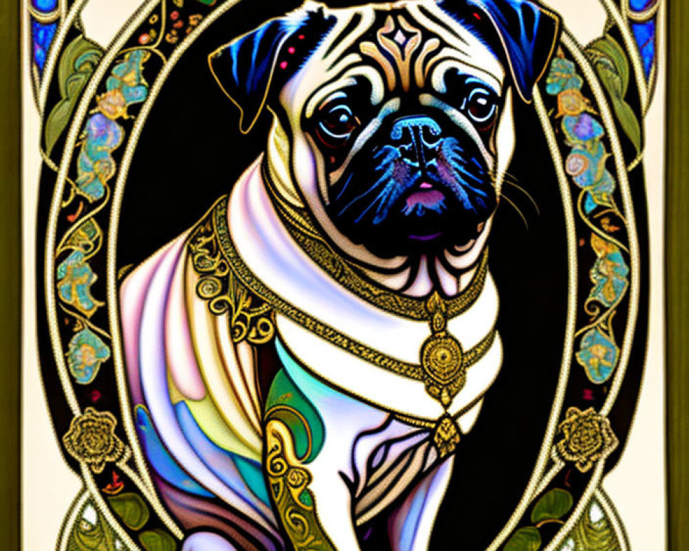 Stylized illustration of pug in luxurious garments with Art Nouveau and floral motifs