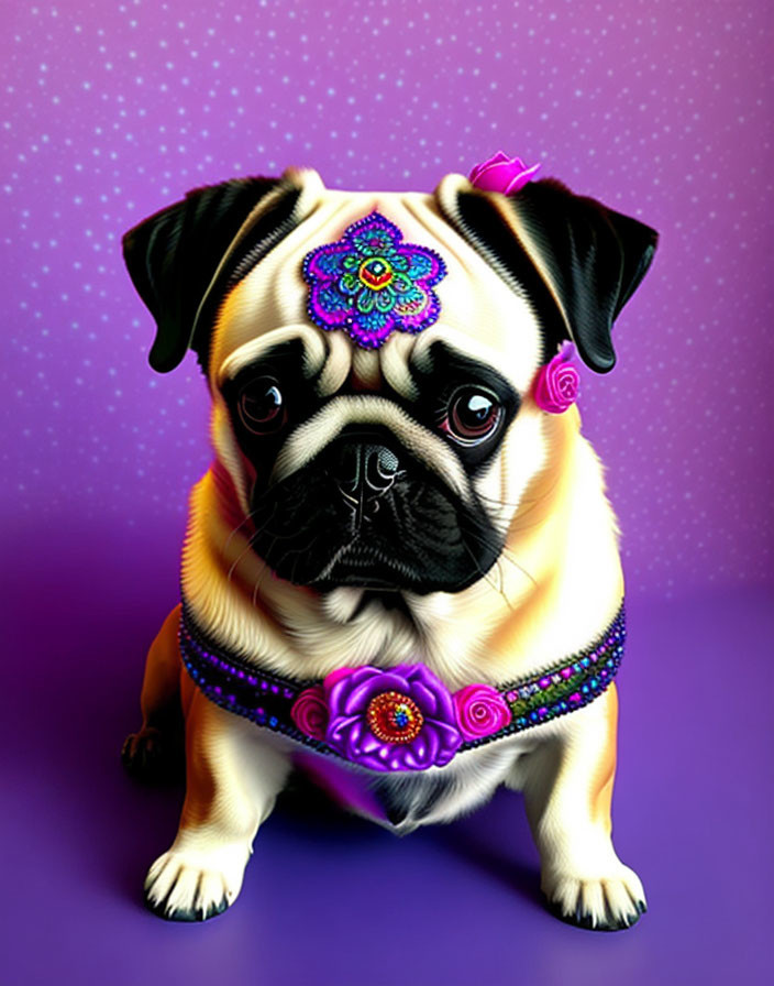 Stylized pug with expressive eyes in colorful patterns on purple background