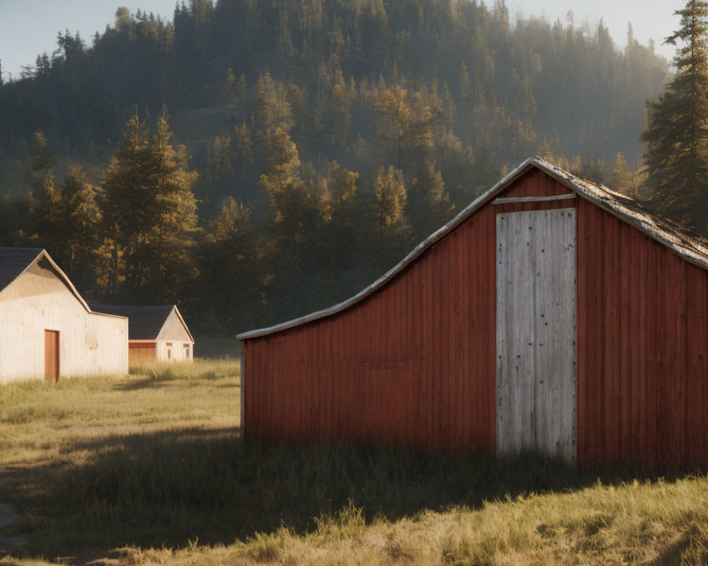 Idyllic rural landscape with red barns, grassy fields, and forested hills in warm