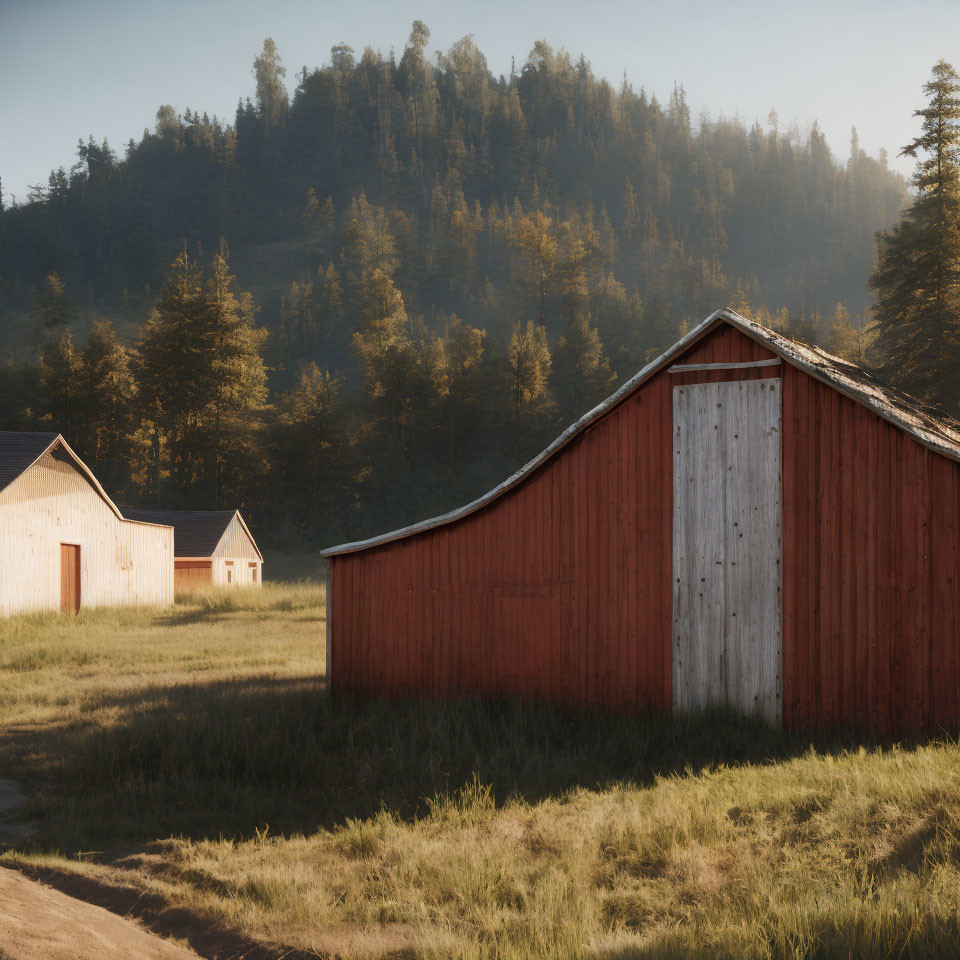 Idyllic rural landscape with red barns, grassy fields, and forested hills in warm