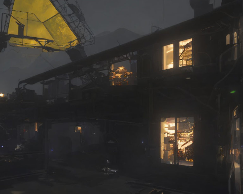 Industrial Facility at Night with Yellow Crane and Warm Interior Lights