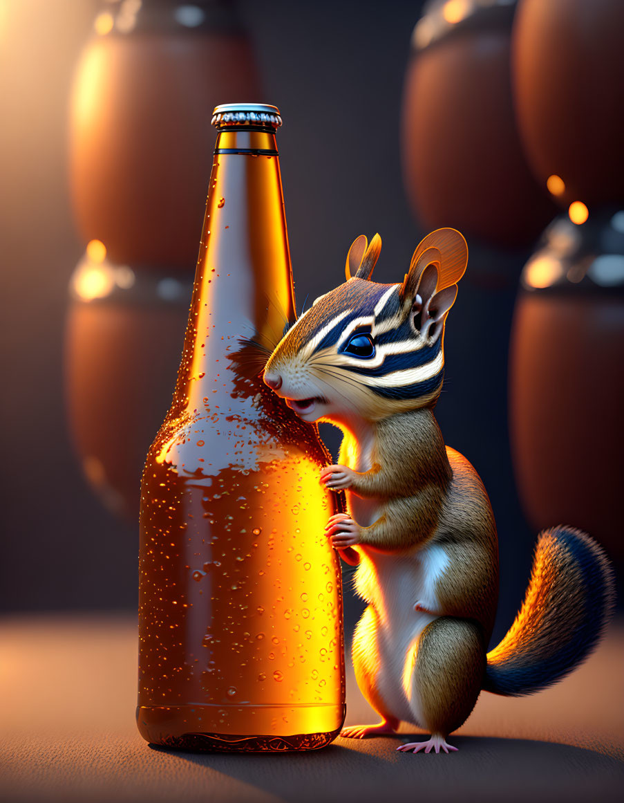 Chipmunk hugging beer bottle with barrels in whimsical scene