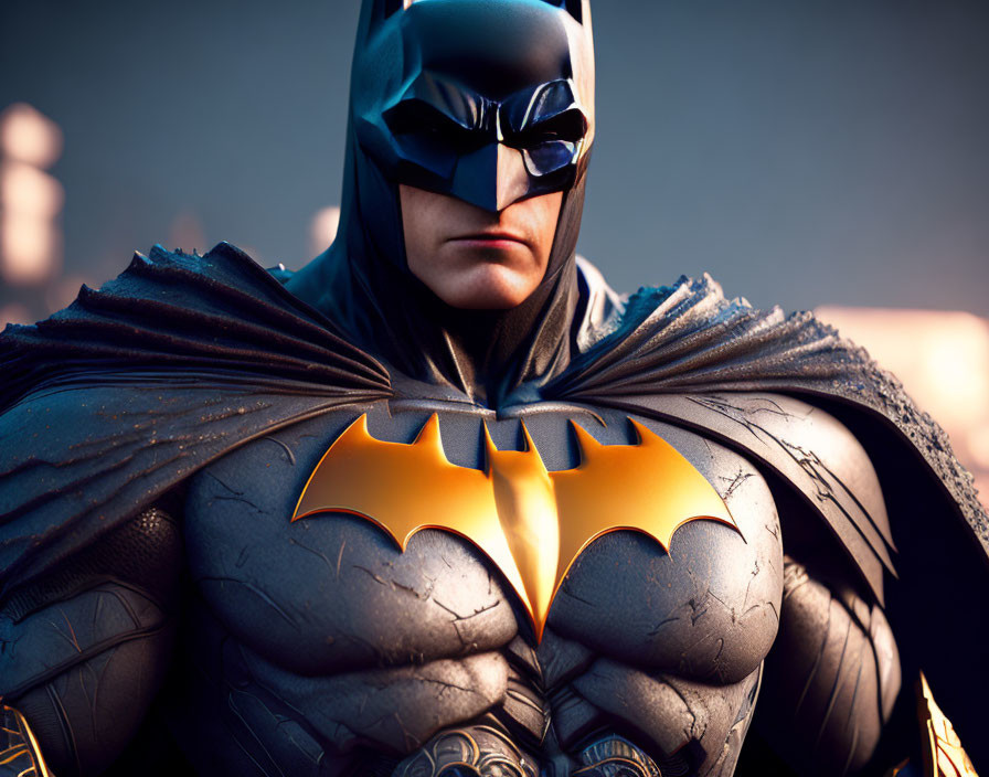 Detailed Batman costume close-up with prominent bat emblem, blurred background.