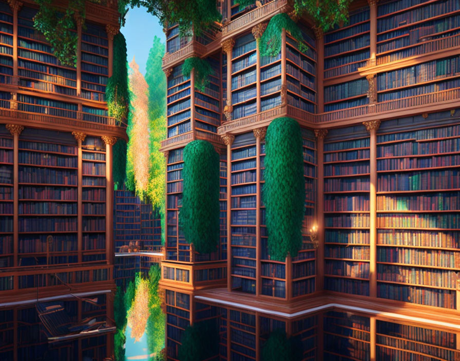 Tranquil library with towering bookshelves, water reflection, golden light, and greenery