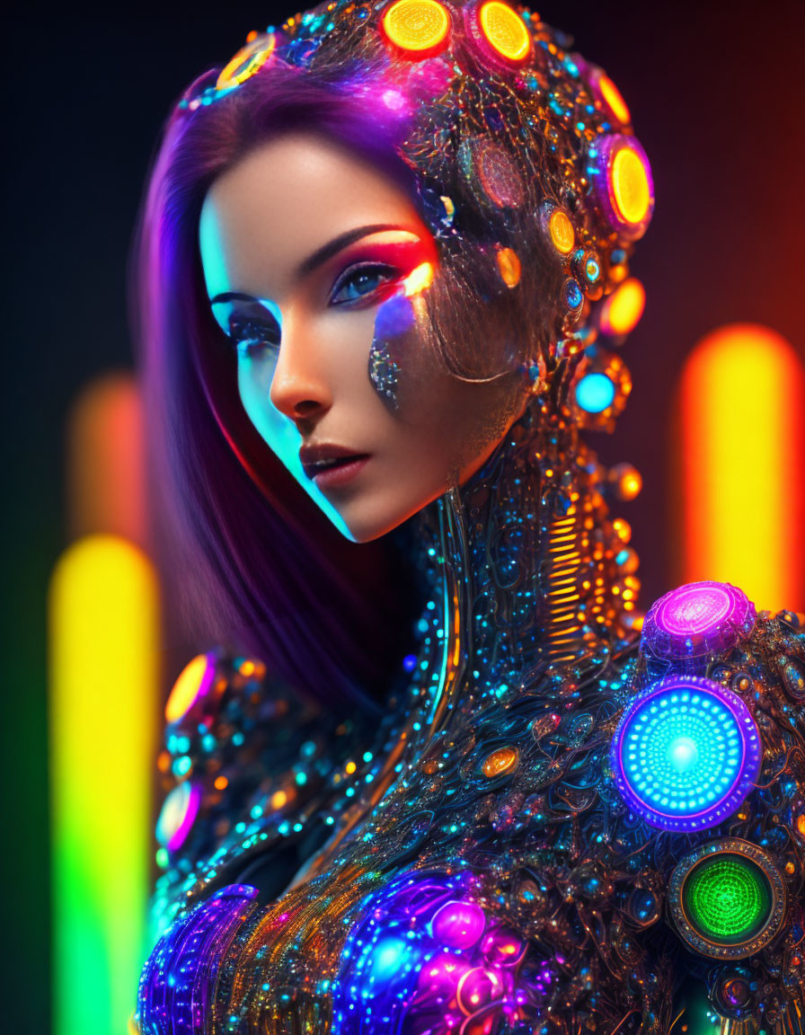 Futuristic woman with illuminated headwear and garment in vibrant neon lights