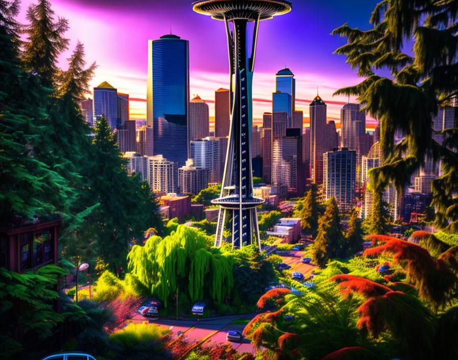 Seattle skyline with Space Needle and skyscrapers in vibrant colors