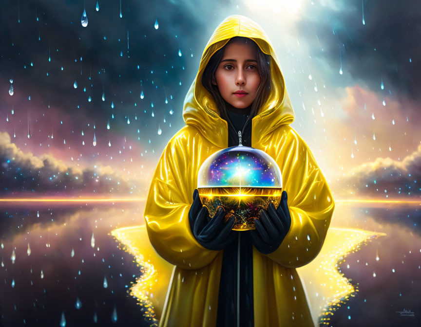 Person in Yellow Raincoat Holding Glowing Orb Under Cosmic Sky