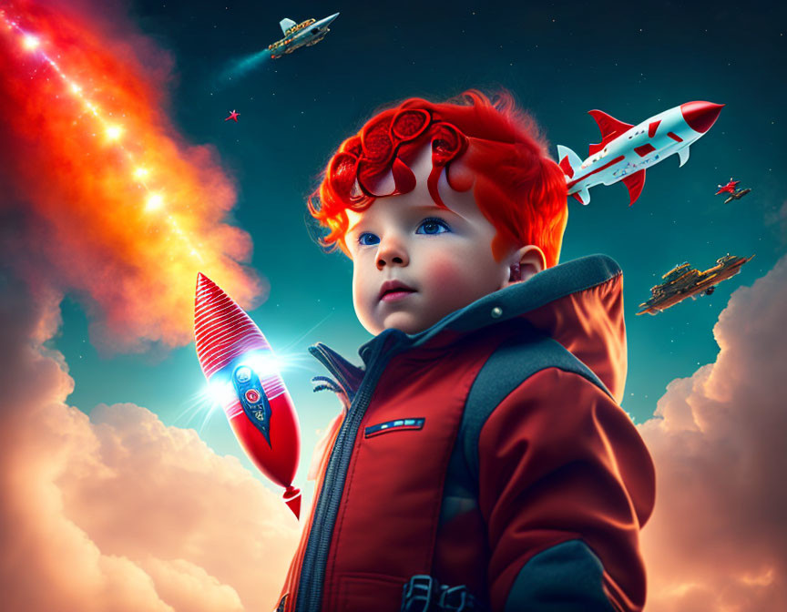 Curly Red-Haired Toddler with Toy Rocket and Space Illustrations