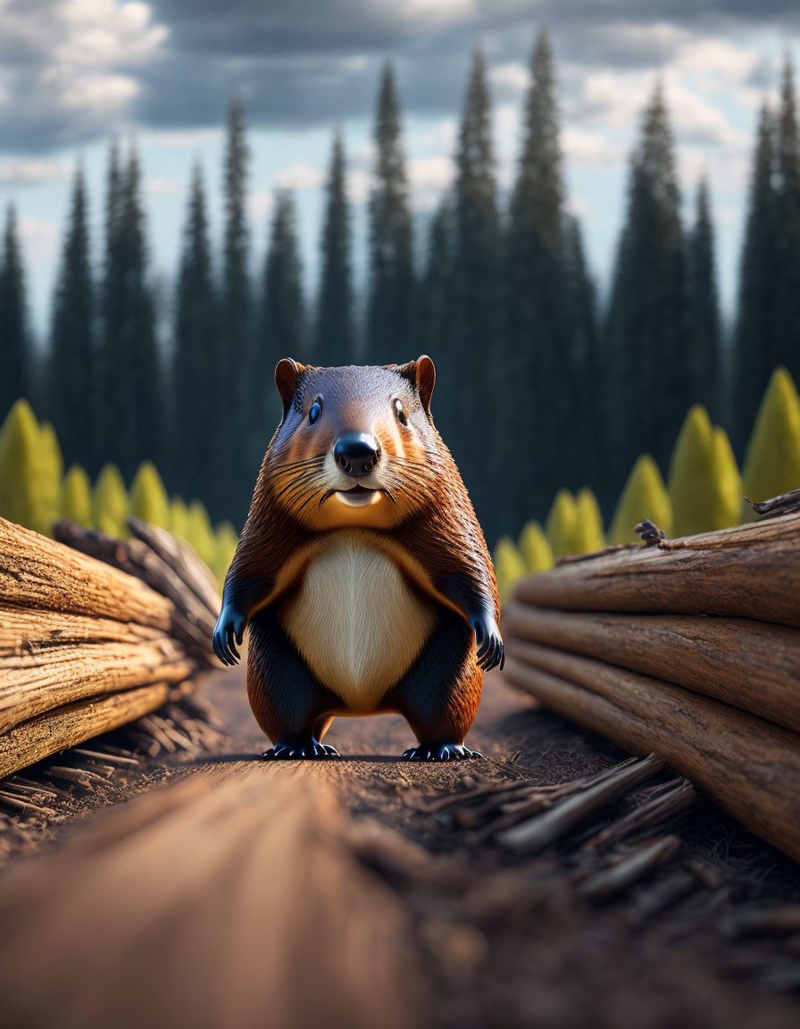 Stylized anthropomorphic rodent in forest setting illustration