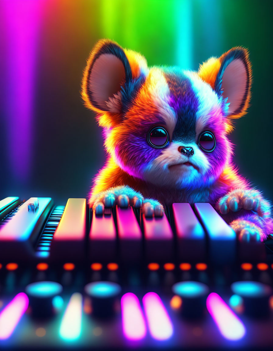 Colorful anthropomorphic creature playing keyboard under disco lights