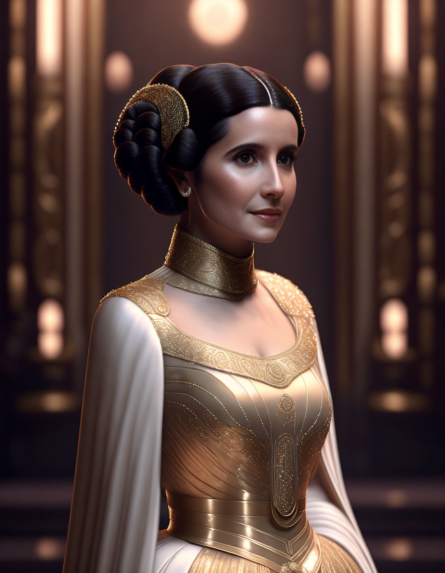 Woman in White and Gold Costume with High-Neck Collar and Styled Hair Buns