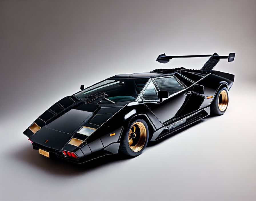 Sleek Black Lamborghini Countach with Scissor Doors and Gold Rims