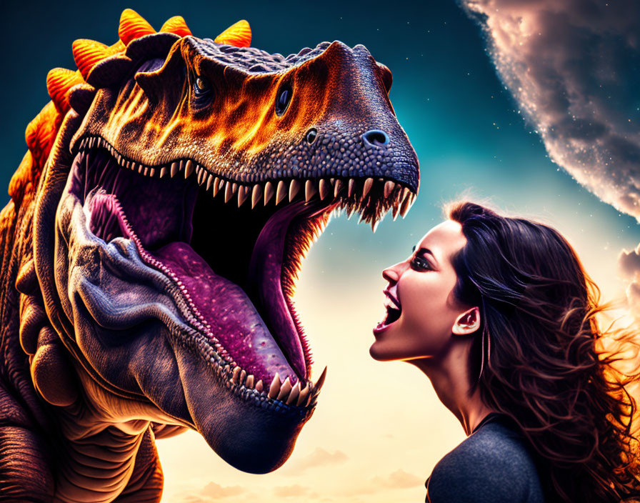 Woman and Tyrannosaurus rex roaring under dramatic sky with comet.