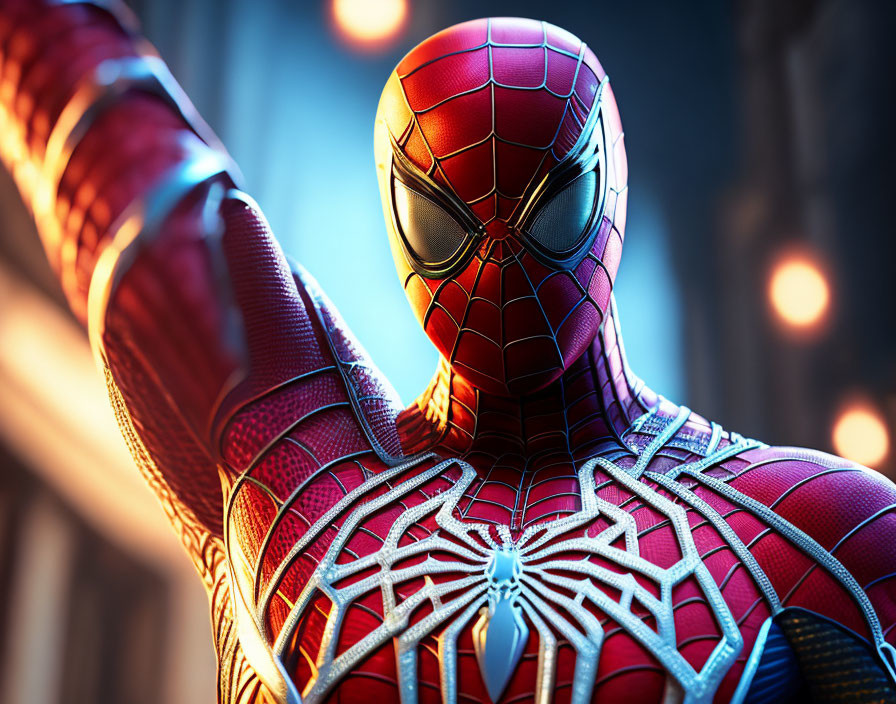 Detailed Close-Up of Spider-Man in Red and Blue Suit with Web Pattern