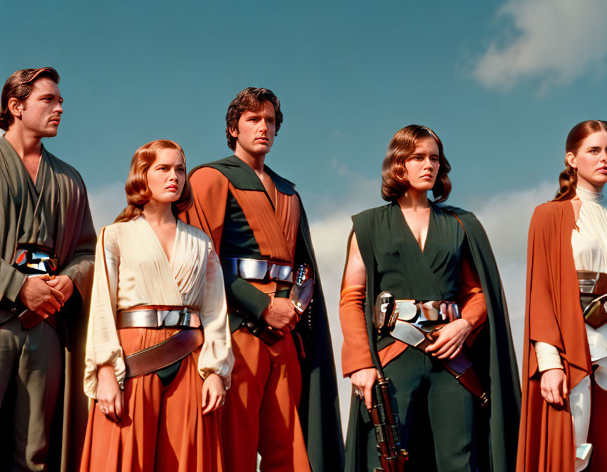 Five People in Colorful Jedi Robes Under Blue Sky