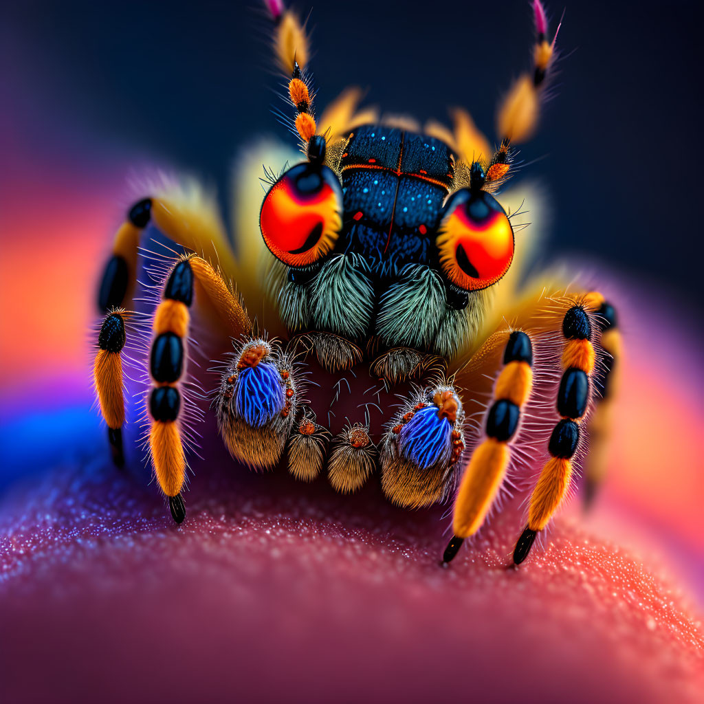 Colorful Jumping Spider with Red Eyes and Vibrant Patterns on Blue Background