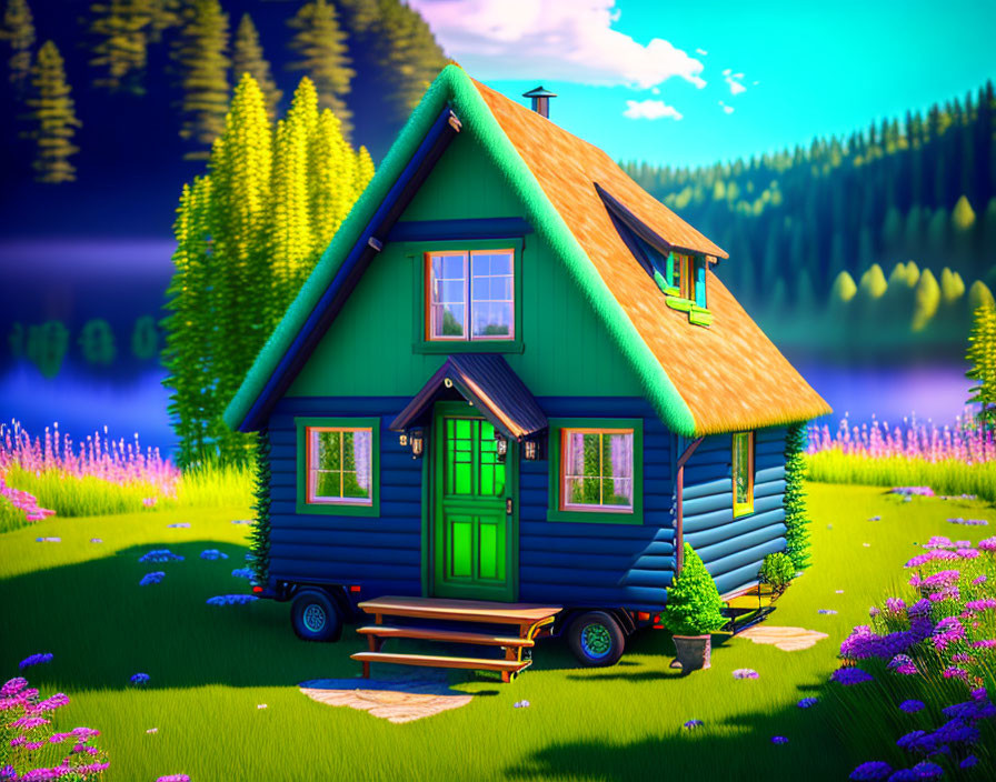 Vibrant illustration of blue-green wooden house by serene lake