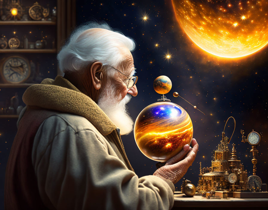 Elderly man with white beard admires celestial orb and clocks under cosmic sky