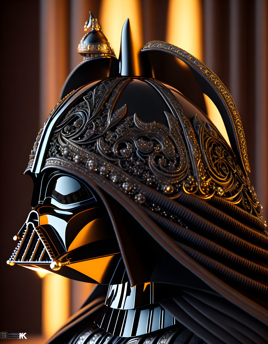 Detailed samurai-Darth Vader helmet against blurred architecture background