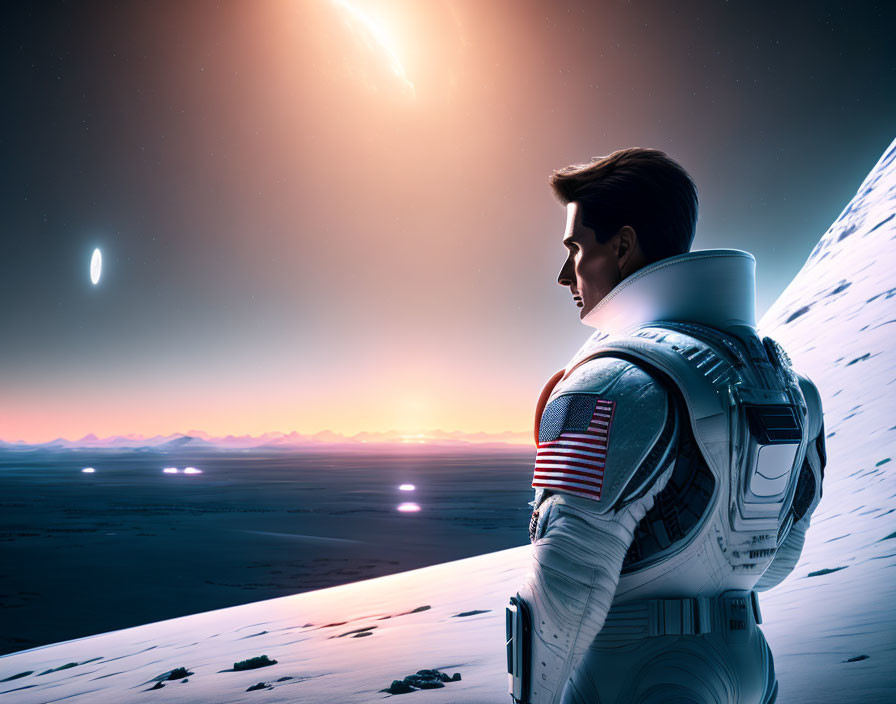 Astronaut observing sunrise on alien world with distant planet and stars