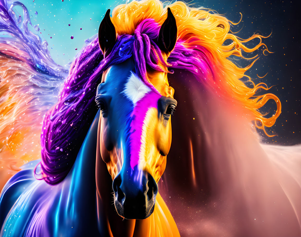 Colorful Horse with Flowing Mane in Cosmic Background