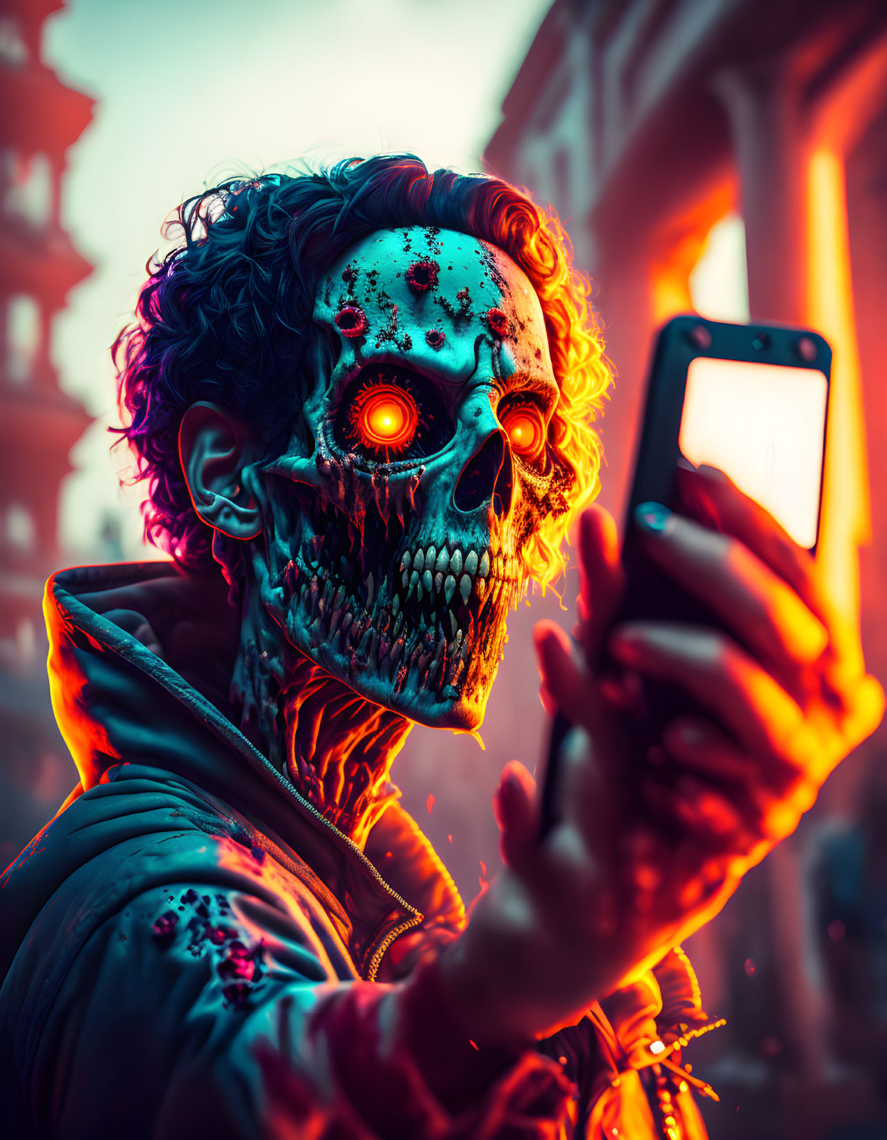 Glowing-eyed zombie takes selfie with detailed makeup in urban twilight