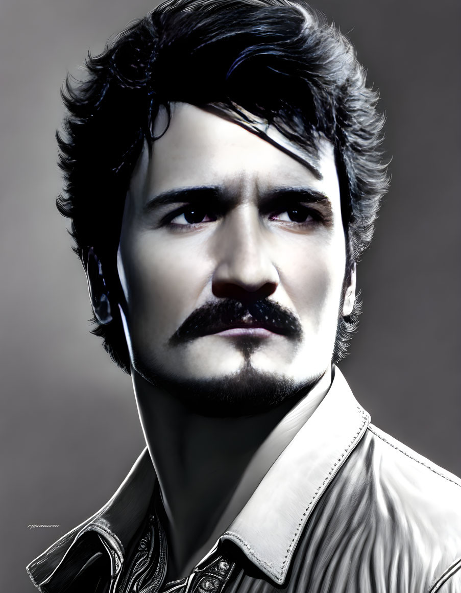 Man with Mustache and Wavy Hair in Stylish Portrait Against Gradient Background