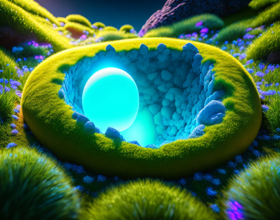 Vibrant surreal landscape with glowing blue orb in crater surrounded by green moss and purple flora