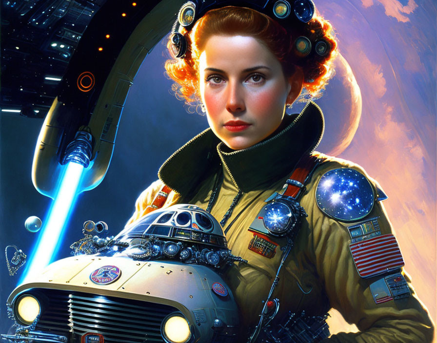 Female astronaut with curlers meets space robot in retro scene