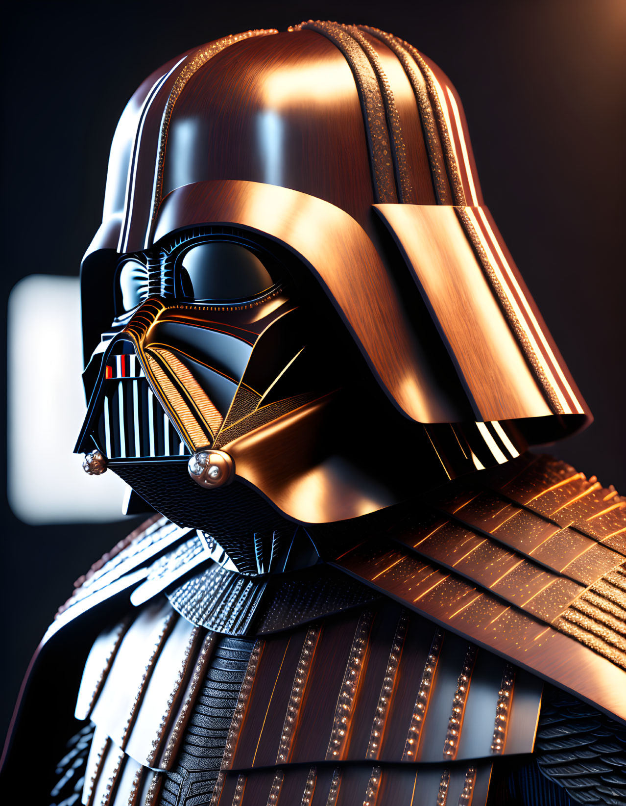 Detailed Close-Up of Darth Vader's Helmet and Armor with Dramatic Lighting