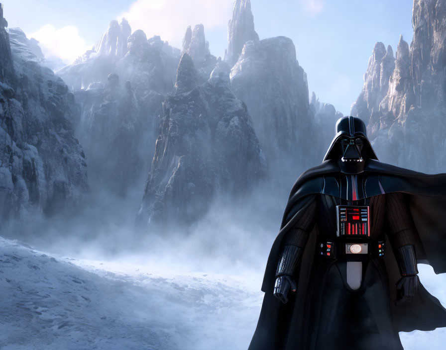 Imposing Darth Vader in snowy mountainous backdrop