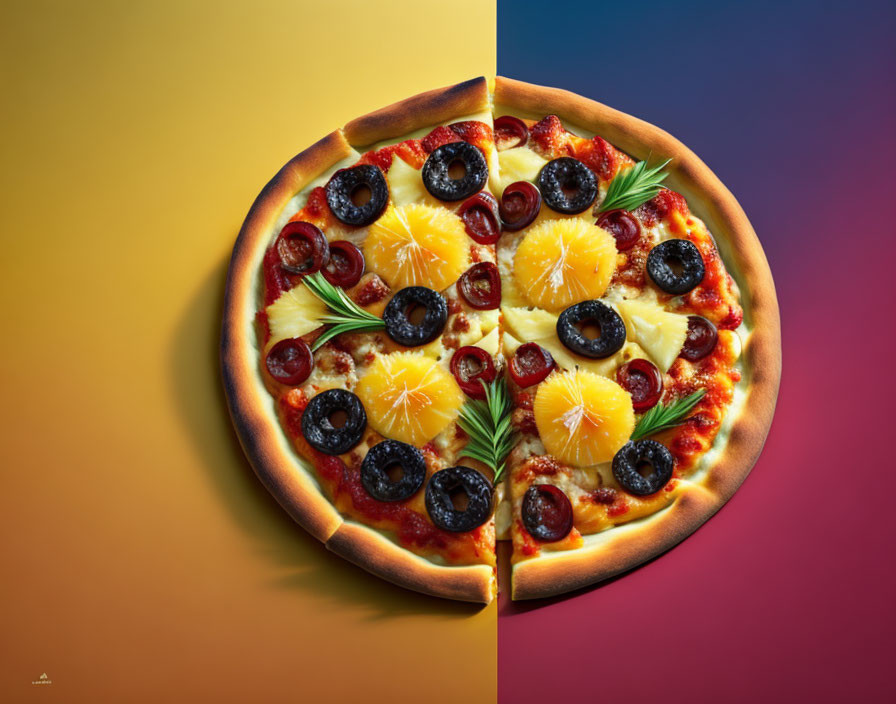 Colorful Pineapple, Olive, and Pepperoni Pizza on Yellow and Red Background