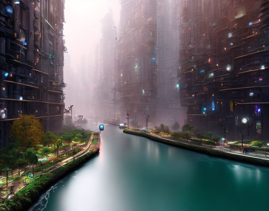 Futuristic cityscape with towering structures and serene canal