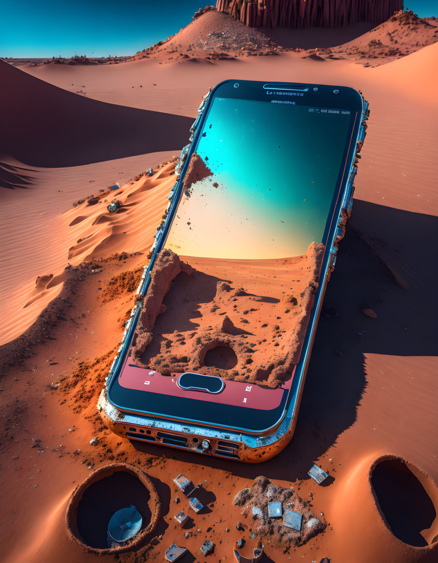 Enormous smartphone in desert landscape with sand dunes and buildings