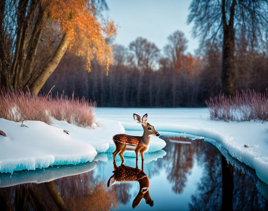 Autumn scene: lone deer near frozen river with snowy banks