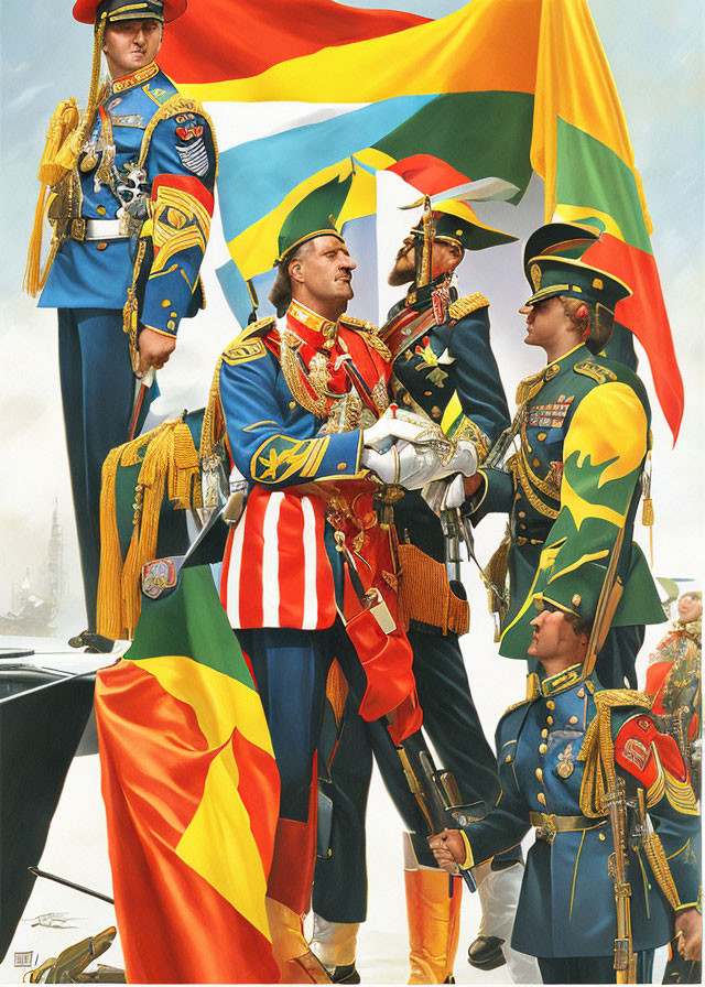 Five ceremonial soldiers in ornate uniforms saluting with swords and rifles under clear sky