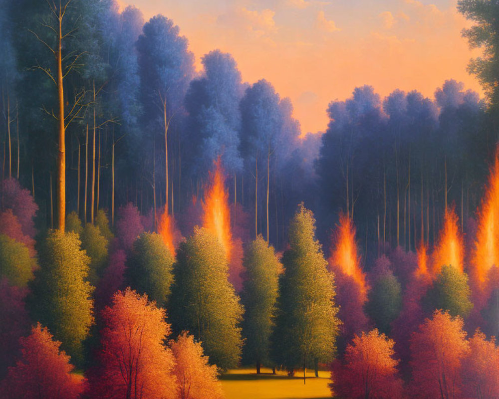 Forest at Dusk: Vibrant Painting of Blue and Orange Trees